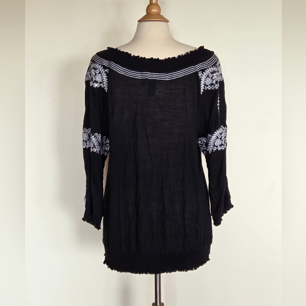 INC Intn'l Concepts Black and White Peasant Blouse With Sequin Details, XL - Picture 2 of 6